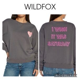 Wildfox I Wish It Was Saturday Grey pinstripe sweatshirt size L NWT $108
